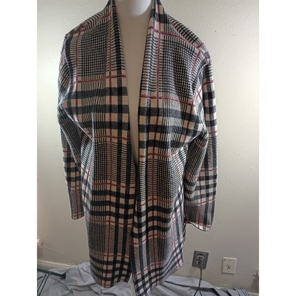 Anthropology Sioni Long Cardigan Sweater Black Red Plaid Sz L Preppy